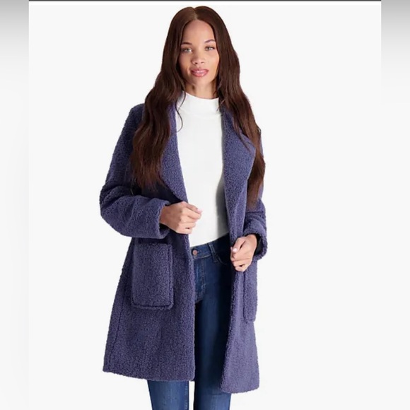 FRENCH CONNECTION Faux Shearling Teddy Coat S 21” p2p Denim Blue $200 Retail NWT - Picture 1 of 13